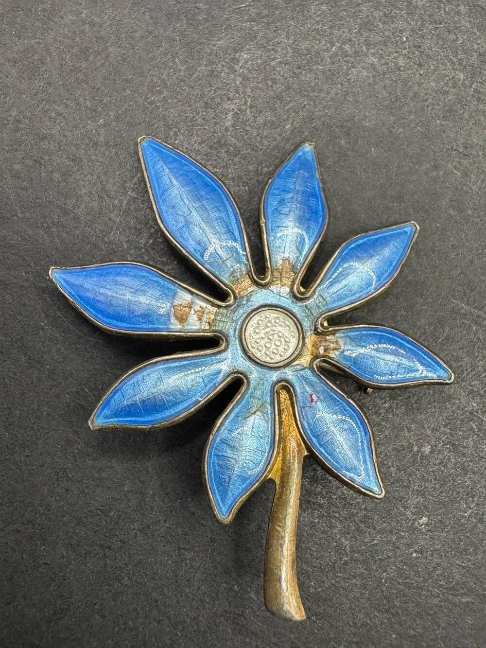 Vintage David-Andersen Norway Sterling Silver 925 Blue Enamel Flower Brooch Pin